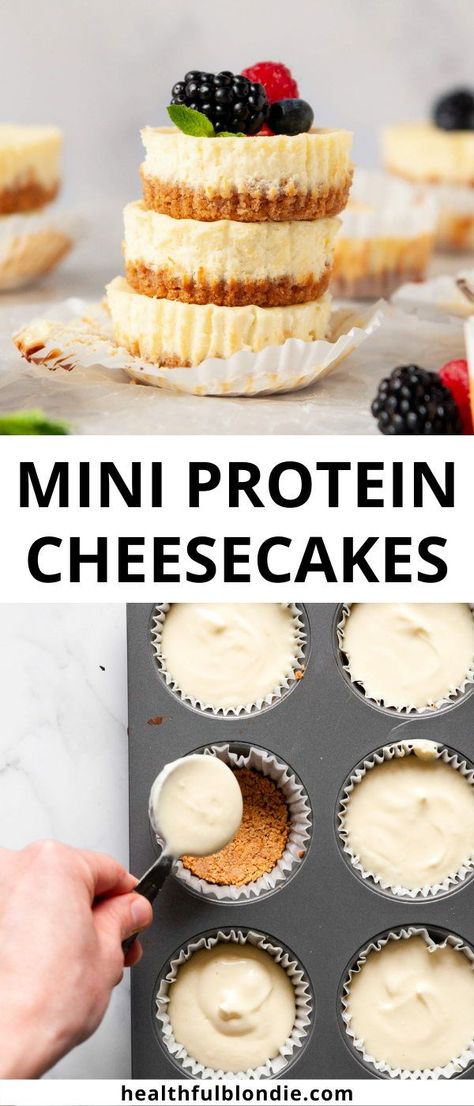 These mini protein cheesecakes are the perfect healthy dessert with over 9 grams of protein per serving! They have a homemade buttery graham cracker crust and are made with Greek yogurt and light cream cheese. Protein Cheesecake Healthy, Greek Yogurt Dessert, Healthy Cheesecake Recipes, High Protein Cheesecake, Protein Cheesecake, Yogurt Dessert, High Protein Desserts, Healthy Cheesecake, Cream Cheese Desserts