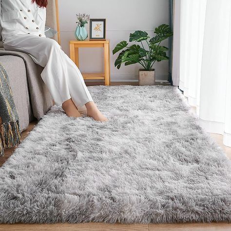 SOANNY Rug for Living Room, Bedside Rug Soft Fluffy Lounge Rugs For Living Room Bedroom Dorm Nursery Kids Room, Luxury Tie-dyed Shag Throw Area Rug Decor Carpet, Light Grey, 90x150 cm Dye Carpet, Bilik Permainan, Sunroom Decorating, Light Grey Rug, Plush Area Rugs, Fluffy Rug, Bedroom Flooring, Shaggy Rug, Simple Bedroom