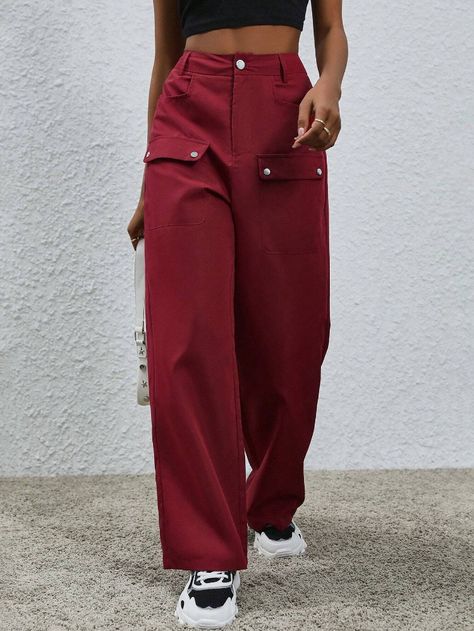 SHEIN Women's Solid Color Casual Cargo Pants in burgundy? They're a casual style pair of pants with a plain pattern. These wide-leg pants have a zipper fly closure. I think they would be a great addition to your tomboy outfits! 🌟👖 #cargopants #burgundy #casualstyle Trouser Outfit, Casual Cargo Pants, Tomboy Outfits, Women Pants, Cargo Pants Women, Pair Of Pants, Favorite Jeans, Cargo Pants, Everyday Fashion