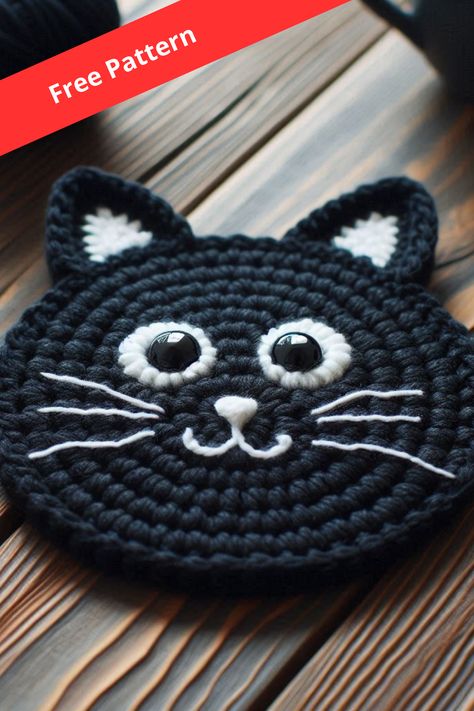 Learn how to crochet a black cat coaster with this easy pattern. Perfect for adding a charming and functional touch to your home! Crochet Cat Face Pattern, Crochet Cat Nose Free Pattern, Crochet Pattern For Cats, Easy Cat Amigurumi Free Pattern, Free Crochet Cat Coaster Pattern, Crochet Cat Projects, Free Crochet Patterns Black Yarn, Coaster Crochet Ideas, Crochet Cat Items