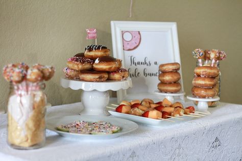 Donut party table decor display.  Seventh birthday party. Donut Party Table, Doughnut Table, Donut Breakfast, Donut Table, Seventh Birthday, Doughnut Party, Donut Display, Party Table Decor, Donut Birthday Parties