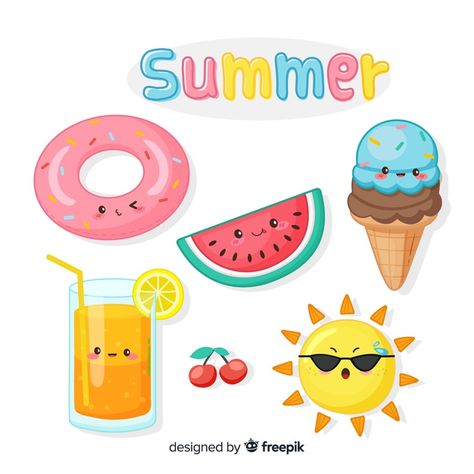 Summer Elements, Kawaii Summer, Summer Stickers, Summer Logo, Summer Clipart, Summer Illustration, Bullet Journal Art, Kawaii Chibi, Cute Kawaii Drawings