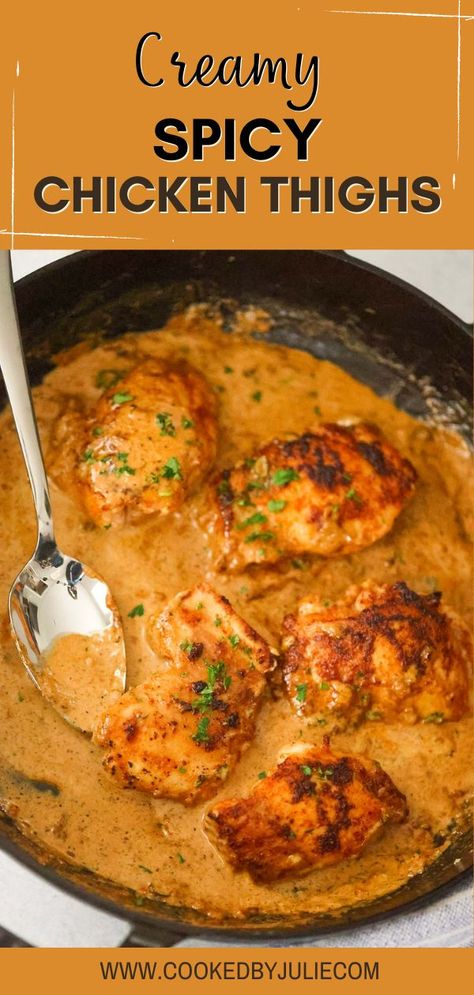 These creamy spicy chicken thighs are perfectly seasoned, juicy on the inside, and cook in under 20 minutes! I like to serve these with creamy mashed potatoes or garlic rice for a full meal. This is one of my favorite weeknight meals. It’s super easy to make, requires minimal ingredients, and it’s packed with flavor! And, you can easily adjust your spice level to your liking. Click through for all the details. Chicken Thigh Mashed Potatoes, Creamy Chicken Thigh Recipes, Creamy Spicy Chicken, Spicy Chicken And Rice, Spicy Chicken Thighs, Birthday Chicken, Cheesesteak Sandwiches, Cajun Butter, Garlic Rice