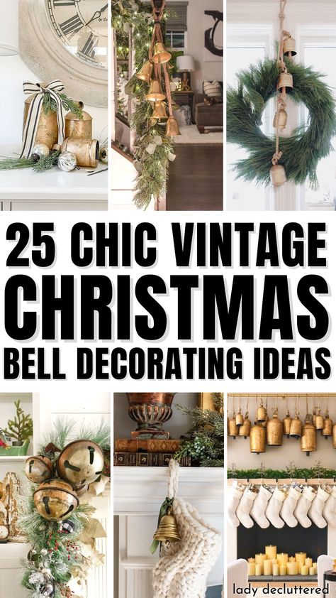 Christmas Cow Bells Decor, Wall Above Mantle Ideas, How To Decorate Bells For Christmas, Christmas Bells On Fireplace, Christmas Greenery With Bells, Christmas Decor Ideas Using Bells, Door Knob Christmas Trees, Christmas Bell Wreaths, Using Bells In Christmas Decor