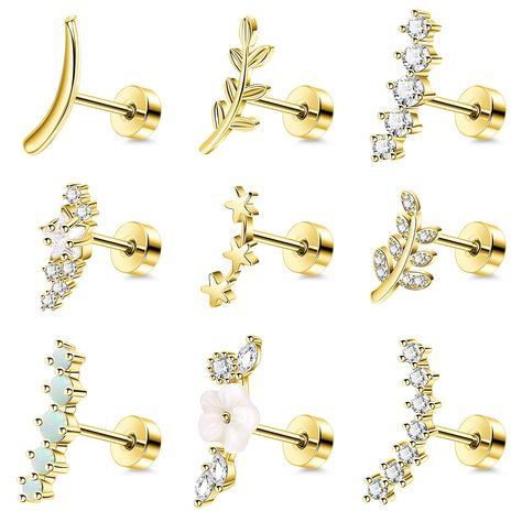 PRICES MAY VARY. CARTILAGE STUD EARRINGS:One Order Comes with 9Pcs 16G Stainless Steel Curved Cartilage Earrings Stud with Different Styles, Including Opal Cartilage Stud, CZ Cartilage Earrings, Flower Cartilage Stud, Leaf Cartilage Earrings and so on. Give You More Daily Choices. SUITABLE SIZE:Cartilage Stud Earrings Gauge: 16G (1.2MM), While There are Two Bar Length Available: 6MM Or 8MM. Common Sizes are Suitable for Most People, Perfect Cartilage Tragus Piercing, Fit for Women and Men. RELIA Double Forward Helix Earrings, Cute Tragus Piercing Jewelry, Flat Helix Earrings, Earrings For Helix Piercing, Helix Pericing, Ear Piercings Placement Chart, Earring Combos, Cartlidge Earrings, Conch Piercing Stud