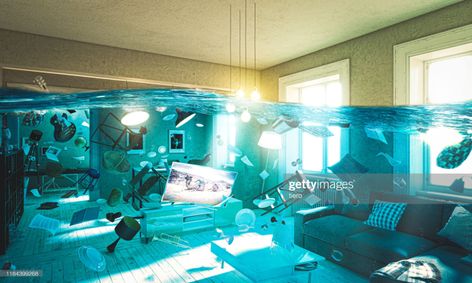 Stock Photo : modern living room flooded with floating objects. Flooded Room, Floating Objects, Flooded House, Room Images, Living Room Images, 3d Image, How To Grow Taller, Free Stock Photos Image, Room Art