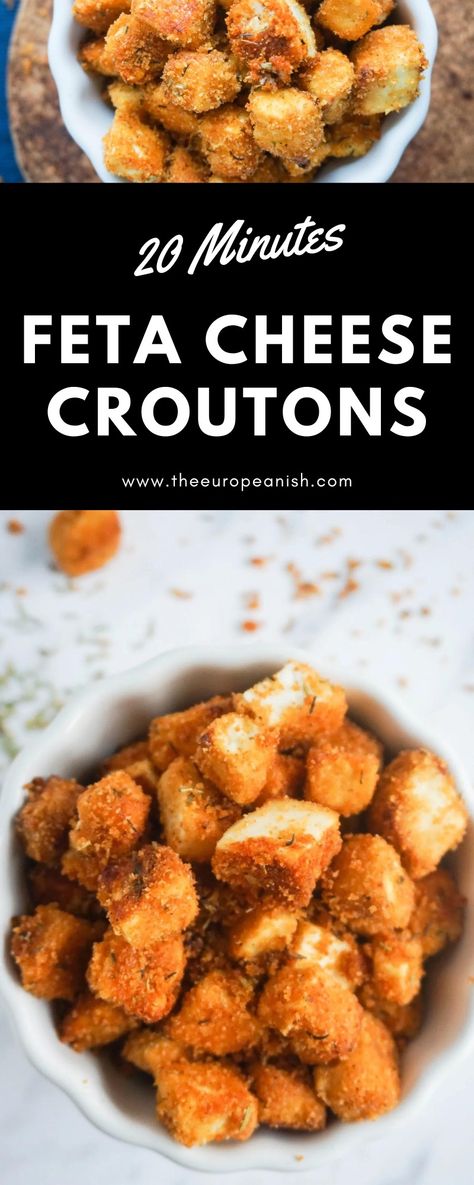 Homemade Feta Cheese Croutons recipe (oven baked) that requires only 20 minutes. Crunchy, garlic-y and scrumptious, these Feta Croutons are the perfect addition to cream soups, salads or as a savory snack. Lemon Feta Cheese Crisps, Homemade Feta Cheese, Homemade Feta, Cheesy Croutons, Crunchy Garlic, Croutons Recipe, Cream Soups, Hearty Food, Grilled Cheese Croutons