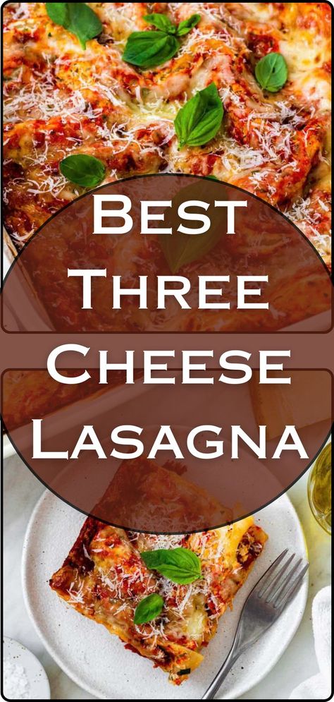 Collage of 2 images of three cheese meatless lasagna Meatless Lasagna Recipe, Easy Cheese Lasagna Recipe, Three Cheese Lasagna, Cheese Lasagna Recipe, Meatless Lasagna, Lasagna Recipe With Ricotta, Oven Ready Lasagna, Lasagna Recipes, Meat Lasagna