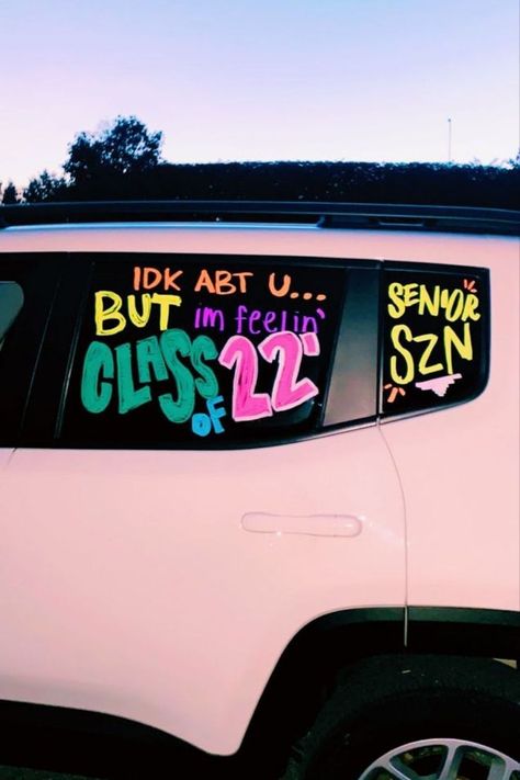 senior car decorating ideas Prom Car Decorations, Grad Car Window Paint, Seniors Car Paint, Graduation Car Decor Ideas, Car Graduation Decorations, Grad Car Decor, Senior Cap Ideas High Schools, Graduation Car Decor, Senior Poster Ideas