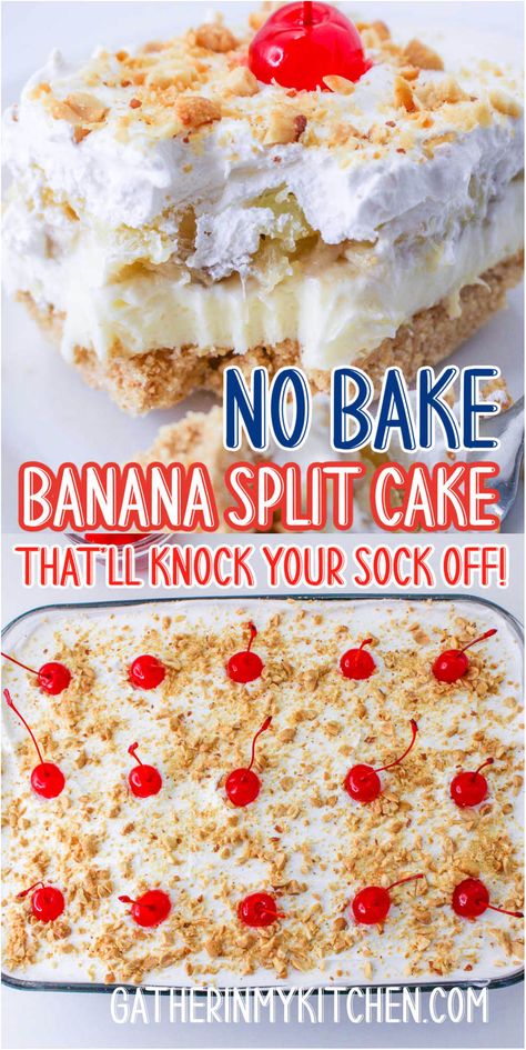 No Bake Banana Split Cake, Banana Split Cake Recipe, Cool Desserts, Banana Split Dessert Recipes, Bake Banana, No Bake Summer Desserts, Banana Split Cake, Split Cake, Banana Split Dessert