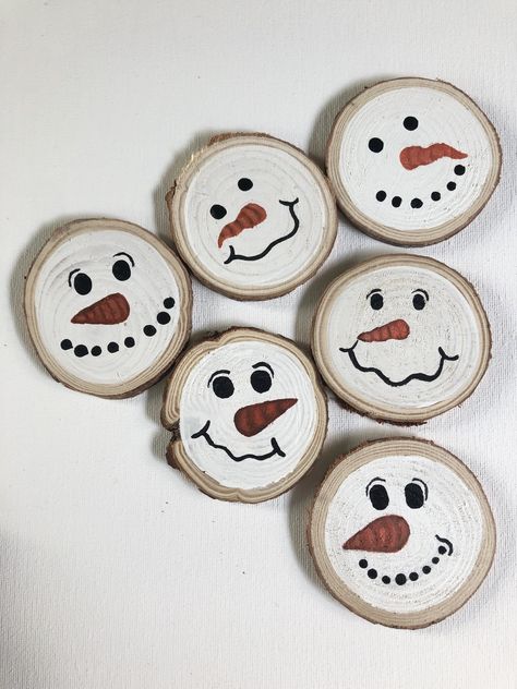 Wooden Slice Crafts Ideas, Birch Ornaments Wood Slices, Christmas Decorations Wood Slices, Painted Snowman On Wood Ornaments, Wood Slice Snowmen, Ornaments With Wood Slices, Tree Branch Ornaments Wood Slices, Homemade Wood Slice Ornaments, Snowmen Paintings On Wood