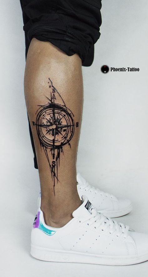 Calf Compass Tattoo, Compass Tattoo Men Leg, Men Calf Tattoo Ideas, Men Calf Tattoo, Compass Tattoo Design Men, Men’s Calf Tattoo, Calf Sleeve Tattoo Men, Bvb Tattoo, Tattoo Wade