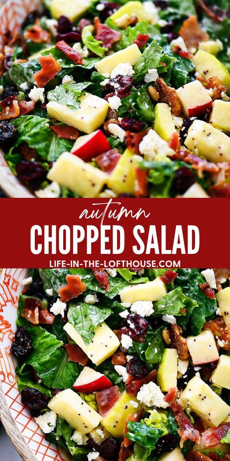 Autumn chopped salad is filled with chopped leafy greens, apples, cranberries, bacon, pecans and feta cheese. Life-in-the-Lofthouse.com Six Sisters Recipes Salads, Autumn Cobb Salad, Yummy Green Salads, Salad Supper Ideas, Fall Bean Chopped Salad, Apple Lettuce Salad Recipe, Chopped Leaf Recipes, Salad For Big Group, Chopped Cobb Salad Recipes