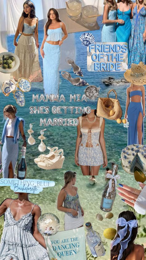 mamma mia aesthetic, something blue, mamma mia bachelorette theme, blue and white theme, blue and white decor, blue aesthetic, mediterranean aesthetic, bachelorette theme Bachelorette Outfit Themes, Aesthetic Bachelorette, Aesthetic Mediterranean, Mamma Mia Aesthetic, Greek Outfit, Mamma Mia Wedding, Cruise Bachelorette Party, Mia Aesthetic, Blue And White Decor