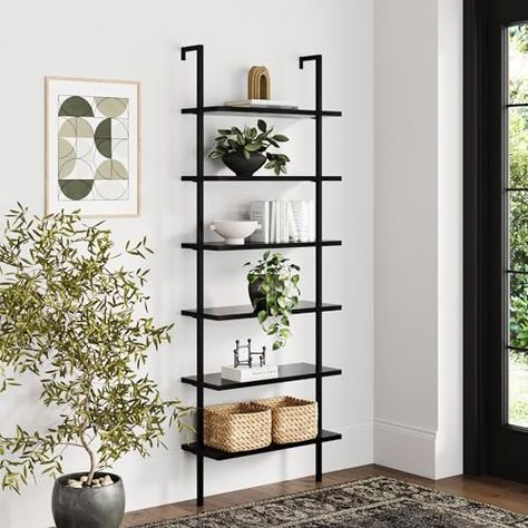 Bookshelf Wood, Industrial Wall Shelves, Metal Ladder, Tall Bookcase, Industrial Bookcases, Wall Mounted Bookshelves, Ladder Bookshelf, Corner Bookshelves, Salon Suites