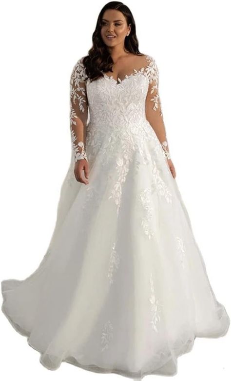 Amazon.com: RSOETOO Plus Size Wedding Dresses for Bride Lace Tulles A-line Long Sleeve Bridal Gowns for Womens US18W White : Clothing, Shoes & Jewelry Plus Size Bridal Dresses, Wedding Dresses 2024, Plus Size Bridal, Plus Size Wedding Dress, Plus Size Brides, Dress Elegant Long, Vintage Wedding Theme, Lace Bride, Womens Wedding Dresses