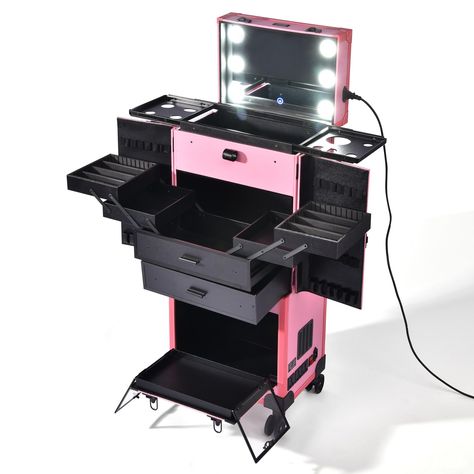 PRICES MAY VARY. Features:  - Byootique large-capacity makeup case, featuring multiple drawers, one with 4 extendable trays for cosmetics and brush holder on the doors, making you get rid of clutter - Durable UL power cord and bulbs, perfectly design for lighted makeup case, we also sell it for replacement, search "Byootique Makeup Case Replacement" or our brand store, find it for this make up case - Extendable tool holders made of aluminum alloy frame and PP fire-proof plate for holding hot blo Portable Hair Station, Hair Care Organization, Hairstylist Room Ideas, Hair Salon Suite Decor, Makeup Storage Ideas, Lash Room Ideas, Portable Workstation, Hair Stations, Rolling Makeup Case