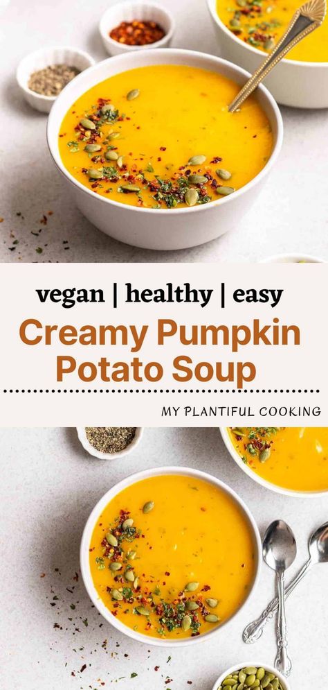 Make some thick and creamy pumpkin potato soup from scratch in just 30 minutes! This luscious one pot soup also happens to be vegan and gluten-free. Plus, all you need is 5 simple wholesome ingredients. One Pot Soup, Hypothyroid Diet, Pumpkin Soup Easy, Gastric Surgery, Pumpkin Soup Healthy, Soup Night, Vegan Potato Soup, Vegan Pumpkin Soup, Slow Cooker Potato Soup