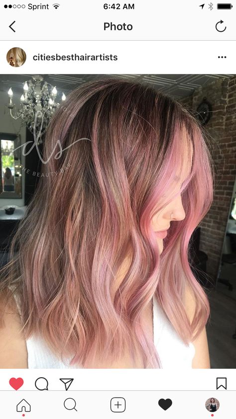 Blonde With Strawberry Blonde Money Piece, Light Pink Brunette Hair, Blonde Balayage Pink Peekaboo, Pastel Pink Hair Peekaboo, Brown Hair Pastel Pink Highlights, Blond And Pink Highlights On Brown Hair, Pink Baylage Hair Blonde, Bronde Balayage With Pink, Pink Light Brown Hair