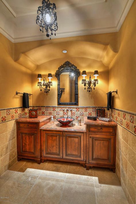 Baños coloniales Rustic Powder Room, Powder Room Design Ideas, Spanish Style Bathrooms, Italian Style Home, Spanish Bathroom, Tuscan Bathroom, Modern Powder Rooms, Mediterranean Interior Design, Bathroom Details