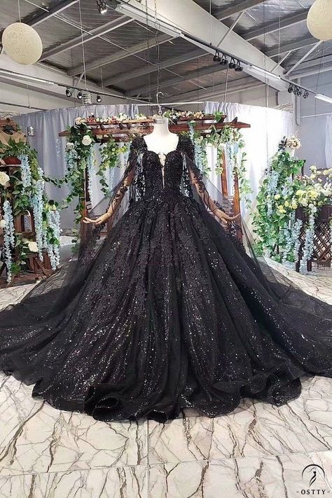 Prom Dresses 2022 Removable, Long Sleeve Wedding Dress Ball Gown Black, Black Wedding Dress Castle, Black Wedding Dress Elegant Sposabridal, Wedding Dress Gown Black, Black Lace Ball Gown, A Black Wedding, Flower Wedding Dress, Dark Wedding Theme