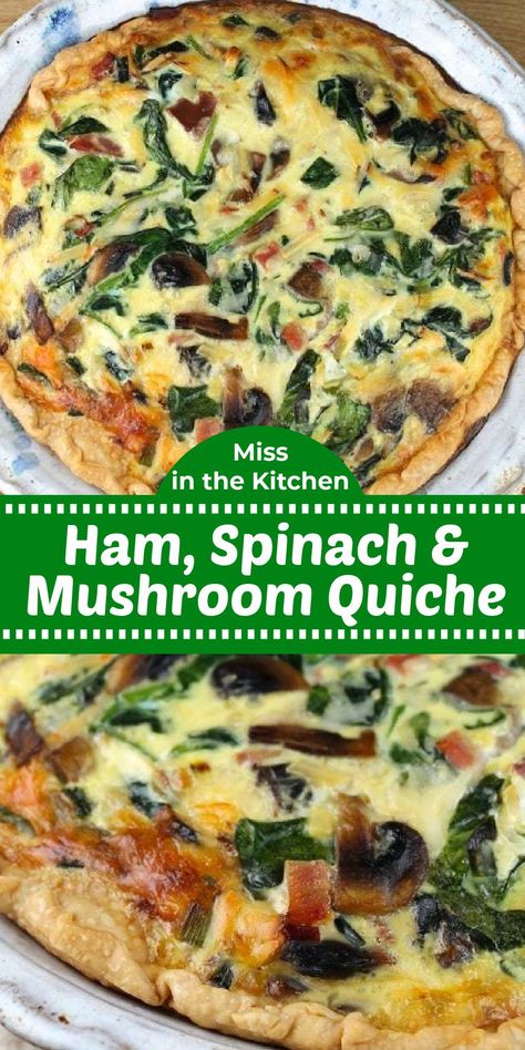 Ham Spinach Mushroom Quiche, Ham Swiss Spinach Quiche, Spinach Ham Quiche Recipes, Quiche Recipes With Mushrooms, Christmas Quiche Recipes Easy, Ham Mushroom Quiche, Ham Spinach Mushroom Frittata, Spinach Feta Mushroom Quiche, Ham And Mushroom Quiche Recipes