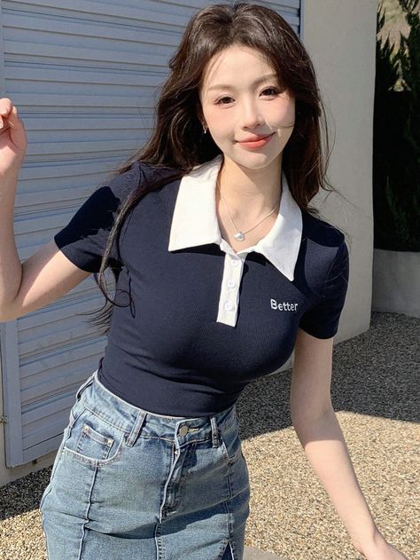 Navy Blue Casual Collar Short Sleeve Knitted Fabric Colorblock,Letter  Embellished Slight Stretch Summer Women Clothing Women T Shirts, Polo Collar, Letter Prints, Summer Women, Women Clothing, Color Blocking, Knitted Fabric, Womens Shirts, Navy Blue