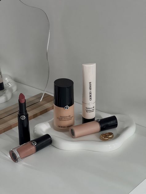 Armani Beauty Makeup, Armani Beauty Aesthetic, Armani Foundation Luminous Silk, Luxury Makeup Aesthetic, Armani Aesthetic, Makeup Packaging Design, Makeup Moodboard, Aesthetic Makeup Products, Makeup Products Aesthetic