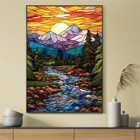 Faster shipping. Better service Stained Glass Scenery Landscapes, Stained Glass Nature Scenes, Glass Painting Landscape, Painting Of Stained Glass Window, Stain Glass Drawing, Stained Glass Mountain Scene, Stained Glass Trees, Stained Glass Mountains, Mountain Mosaic