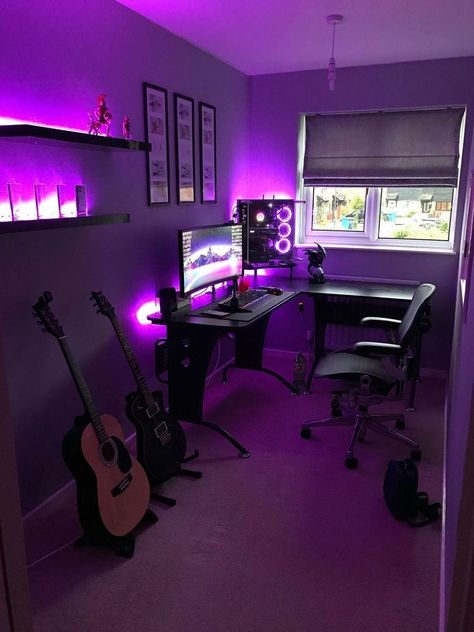 gaming setup #aesthetic #gaming #gamer #gamingsetup #purple | a r i e l : s e t • u p s Meme Music, Tech Room, Computer Gaming Room, Gamer Setup, Home Studio Setup, Gamer Room Decor, Music Studio Room, Video Game Room Design, Gaming Setups