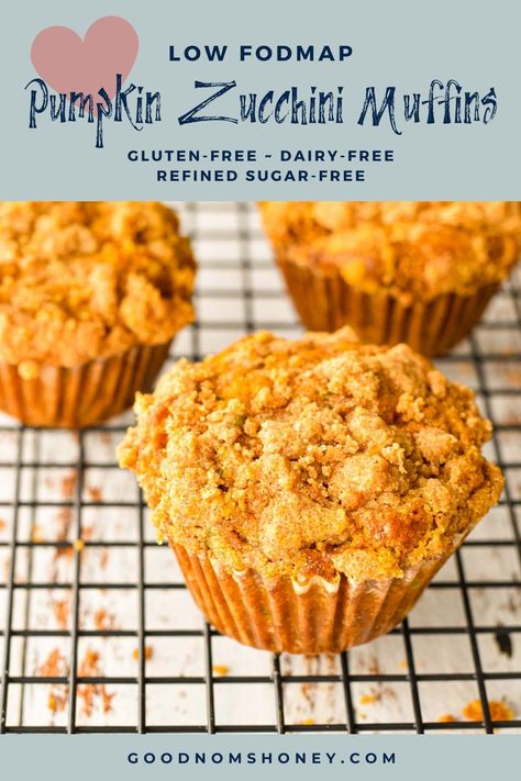 These moist and delicious low FODMAP Pumpkin Zucchini Muffins topped with a mouth-watering streusel are a great way to use up that summer zucchini while incorporating some classic fall flavors. #LowFODMAP, #glutenfree, #dairyfree, and #refinedsugarfree. ~ Good Noms, Honey! ~ Low FODMAP Muffins ~ Low FODMAP Pumpkin Muffins ~ Low FODMAP Fall Recipes ~ Low FODMAP Thanksgiving Recipes ~ Low FODMAP Snacks Low Fodmap Muffins, Fodmap Muffins, Low Fodmap Thanksgiving, Low Fodmap Pumpkin, Recipes Low Fodmap, Pumpkin Zucchini Muffins, Pumpkin Zucchini, Low Fodmap Snacks, Fodmap Snacks