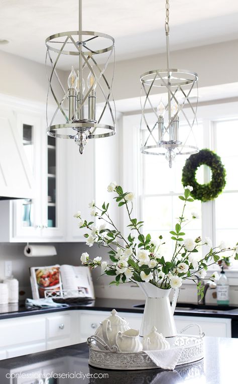 French country chrome pendant lights Pendant Lights Over Kitchen Island Modern, Chrome Pendant Lights, Farmhouse Kitchen Pendant Lights, Glass Kitchen Pendant Lights, Architectural Magazine, Country Pendant Lighting, Lights Over Kitchen Island, Living Room Decor Country, Country Kitchens