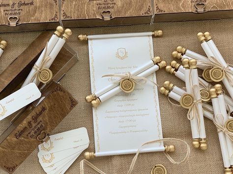 Noble Elegance Invitations on Instagram: “#scroll #invitations in #engraved #box #handmade in #armenia #harsanekan #hraviratoms #hraviratomser #приглашения в #коробках…” Scroll Invitation Wedding, Wedding Invitation Scroll, Old Money Invitation, Victorian Prom, Expensive Wedding Invitations, Quince Invites, Scroll Invitations, Sage Green Wedding Theme, Emerald Green Wedding Theme