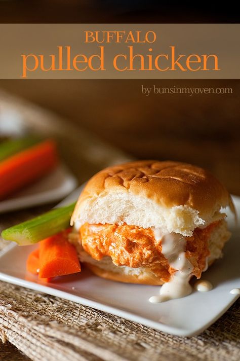 Buffalo Pulled Chicken, Buffalo Chicken Sandwich, Buns In My Oven, Pulled Chicken Sandwiches, Buffalo Chicken Sandwiches, Chicken Sandwich Recipes, Chicken Sandwiches, Pulled Chicken, Game Day Snacks