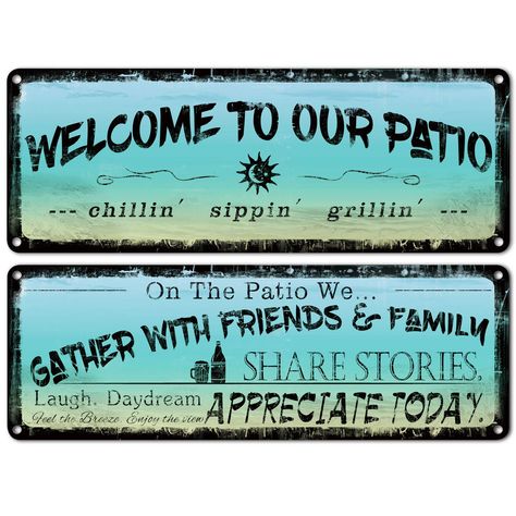 PRICES MAY VARY. A UNIQUE VINTAGE METAL PATIO SIGNS DECOR : Our patio signs are designed using a high resolution finished printing system. Each patio sign is created by baking enamelized ink into a tough, polyester coating on a thick, steel blank. Rich color, and fine detail. Perfect patio signs and decor outdoor signs to light up your Home. Bar. Office. Garage. Etc. WELCOME TO OUR PATIO & MAKE TIME TO RELAX : On the patio, we gather with friends & family. These outdoor patio signs decor send yo Tiki Bar Stools, Patio Wall Decor, Beachfront Decor, Patio Signs, Tiki Bar Decor, Pool Outdoor, Patio Wall, Outdoor Backyard, Swimming Pool Designs