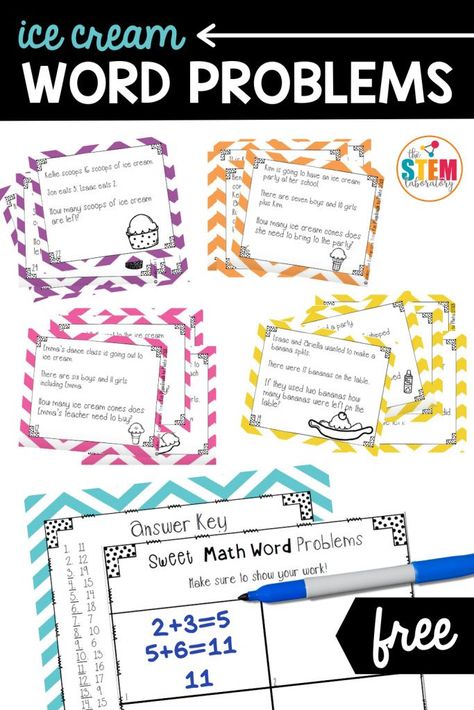 These ice cream word problems are perfect for getting first and second graders excited about math story problems! They are colored coded to differentiate between addition and subtraction. Perfect for math centers or small instructional math groups! #addition #subtraction #wordproblems #storyproblems Math Story Problems Kindergarten, Two Step Addition And Subtraction Word Problems, Story Problems Second Grade, 2nd Grade Math Word Problems Worksheets, Word Problems Second Grade, Word Problems For 2nd Grade, Word Problem Games, Math Calendar, Math Story Problems