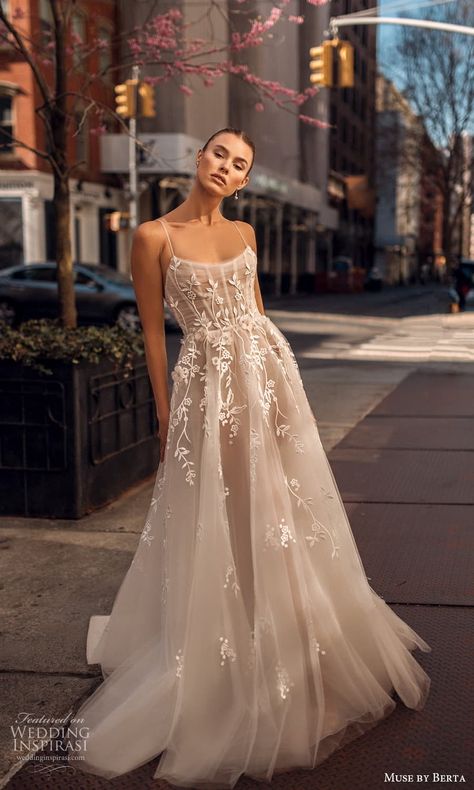 Fit And Flare Boho Wedding Dress, Aline Floral Wedding Dress, Bride No Veil, Berta Dress, Muse By Berta, Boho Chic Wedding Dress, Berta Wedding Dress, Berta Bridal, Wedding Dress Guide