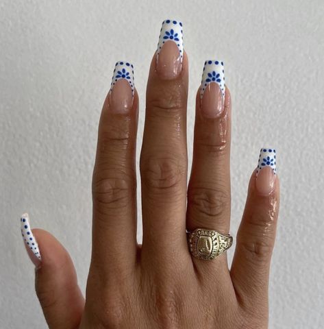 Flower French Tip, French Tip Long, Europe Nails, Blue And White Nails, Summery Nails, Coffin Press On Nails, Simple Acrylic Nails, Vacation Nails, Nagel Inspo