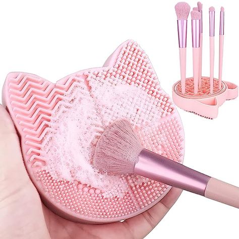 【2 in 1 Wet & Dry Clean Design】：Detachable into two separate cleaning pads + drying racks, front for cleaning makeup brush, back for storing makeup brush, perfect match 【DEEPLY CLEAN】: Made of environmentally friendly silicone, 4 different shapes of particles are designed for different sizes of brush heads, effectively removing cosmetic residue on brush heads 【Protect Your Skin】:Keeping your makeup tools clean on a daily basis doesn't breed bacteria, it only takes a few minutes, gives your brush Storing Makeup Brushes, Makeup Brush Cleaning Mat, Makeup Brush Cleaning, Storing Makeup, Design Makeup, Drying Racks, Makeup Brush Cleaner, Brush Cleaning, How To Clean Makeup Brushes