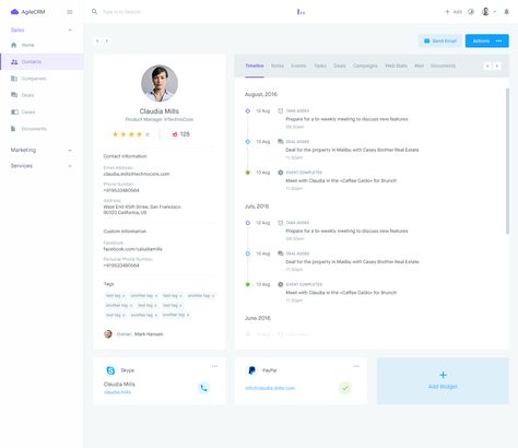 Agile CRM - Contact Profile - Timelines Form Design Web, Web Application Ui, Software Ui Design, Marketing Dashboard, Cv Inspiration, Customer Profile, Analytics Dashboard, Ui Patterns, Dashboard Ui