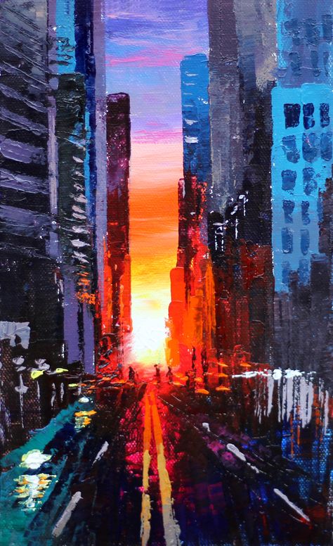 Abstract Sunset Cityscape Painting with palette knife for beginners / Acrylic painting tutorial step by step. Urban City Painting, Abstract Art Cityscape, City Silhouette Painting, Building Abstract Painting, Urban Acrylic Painting, Cityscape Art Painting, Acrylic Painting Knife, Urban Painting Acrylic, Brushless Painting Ideas