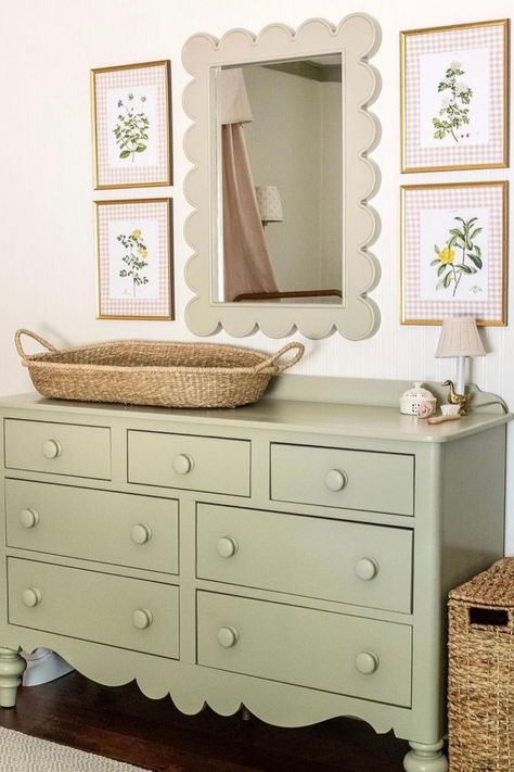 How beautiful is this chest of drawers? It’s a win win when it also doubles up as a changing station!  We love the color, scallop detail and amount of drawers on this beauty for ample storage solutions. Feminine Nursery, Cottage Nursery, Picture Frame Mat, Baby Nursery Inspiration, Nursery Closet, Nursery Room Design, Baby Room Inspiration, Nursery Room Inspiration, Casa Vintage