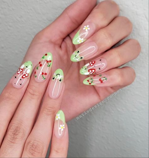 Cute Simple Nails, Cherry Nails, Pink Gel, Nail Forms, Nail Polishes, Flower Nails, Green Nails, Almond Nails, Simple Nails