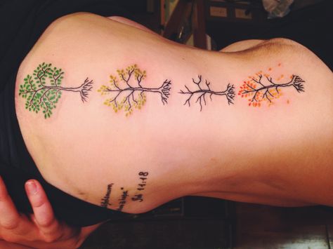 Seasons tattoo done by me at Living Color in Rochester, NY. Tree Changing Seasons Tattoo, Tree Seasons Tattoo, Seasonal Tattoos, 4 Seasons Tattoo, Four Seasons Tattoo, Woman Tree Tattoo, Seasons Tattoo, Season Tattoo, Olive Tree Tattoo