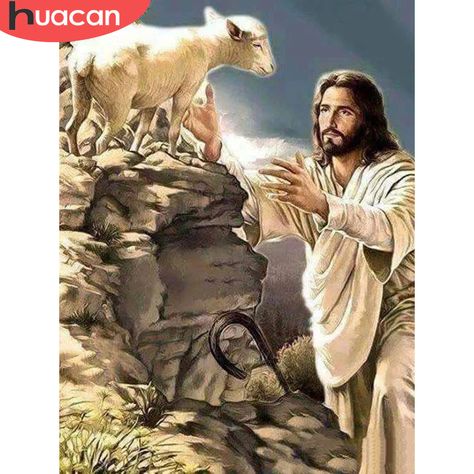 HUACAN 5D Diamond Embroidery Painting Jesus Full Drill Square Round Rhinestone Kit Mosaic Sheep Living Hope, Primary Chorister, 동화 삽화, Pictures Of Christ, Jesus Christ Art, Prophetic Art, 3d Tattoos, Pictures Of Jesus Christ, Ayat Alkitab