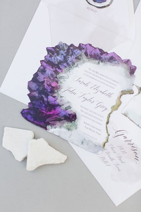 Terrain Earth Inspired Invitation Suites - "Amethyst Inspired" | Invitation: Illustrated Weddings by Lola Lorena | Photography: Meggie Taylor Photography | Venue: The Empire Room #bridesofnorthtx #wedding #invitation Galaxy Wedding, Geode Wedding, Violet Wedding, Top Wedding Trends, Amethyst Wedding, Medieval Wedding, Invitation Suites, Dfw Wedding, Hot Top