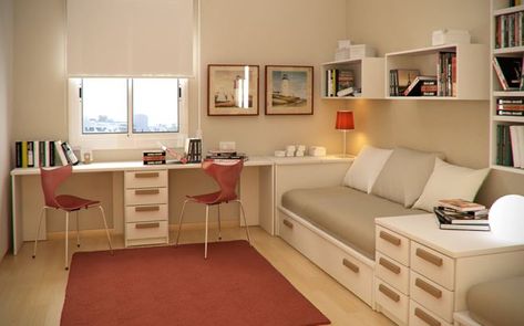 Lots of storage and a place to work and sleep. Would be a nice kids or guest room. Small Teen Bedroom, Study Room Design, Teen Bedroom Designs, Office Guest Room, Guest Room Office, Small Bedroom Designs, Multipurpose Room, Bureau Design, Study Rooms