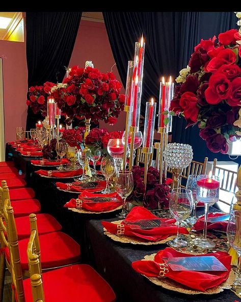 31st birthday dinner Decor by us! | Instagram Centerpieces Black And Gold, Burlesque Birthday Party, Birthday Dinner Decor, Red Rose Centerpieces, Burlesque Birthday, Moulin Rogue, Red Wedding Centerpieces, Red Roses Centerpieces, Black Centerpieces