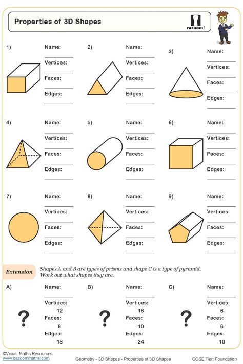 Properties of 3D Shapes Worksheet Properties Of 3d Shapes Worksheet, Year 7 Maths Worksheets, Year 7 Maths, 3d Shapes Worksheets, Math Fractions Worksheets, Math Fact Worksheets, Grade 6 Math, Maths Worksheets, 4 Grade