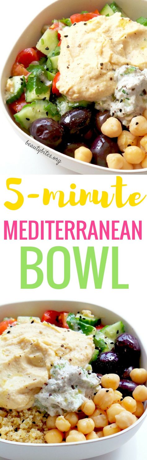 5-Minute Mediterranean Bowl - My Favorite Lunch Recipe! Try this healthy lunch recipe, it's also great to meal prep. You prepare everything and keep all parts in separate containers in the fridge (up to 3 days, except salad - but it takes only 2 minutes). Then arranging this beautiful & easy healthy bowl with quinoa & hummus takes around 5-minutes! It's vegan & gluten-free!Try it! www.beautybites.org/5-minute-mediterranean-bowl | healthy meal prep recipe | healthy salad recipe Lunch Mediterranean, Mediterranean Bowl, Mediterranean Recipe, Healthy Bowl, Healthy Bowls Recipes, Easy Mediterranean Diet Recipes, Clean Eating Recipes Lunch, Clean Eating Lunch, Healthy Lunch Meal Prep